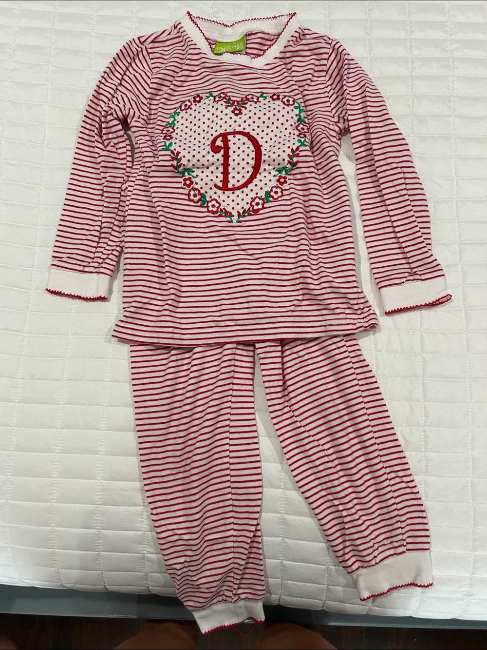 Girls Red Stripe Heart Monogram Pajama Set - D Initial